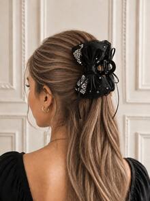 1pc Shiny Faux Rhinestone Bow Ribbon Hair Clip, Elegant Lightweight Tulle Hair Accessory For Women - Multicolor - View 6