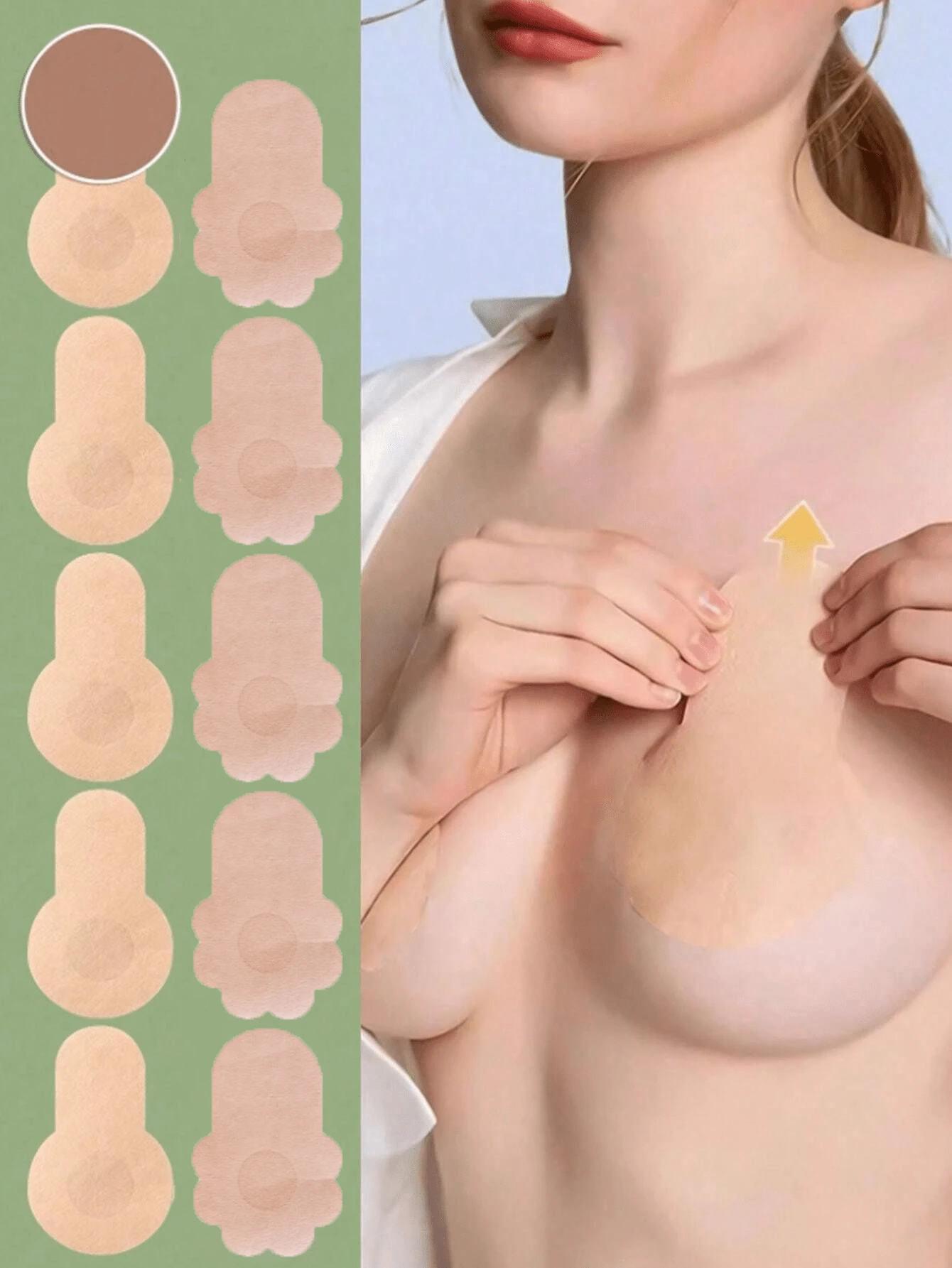 20片/10片装便捷一次性提胸胶带 - 隐形粘性乳贴，舒适硅胶或织物乳贴，亲肤粘合剂，自粘式可重复使用乳贴，设计自然提升胸部，适合特殊场合或日常佩戴，提供平滑的轮廓和额外的自信，有多种尺寸和形状可供选择，不含乳胶，低致敏性。