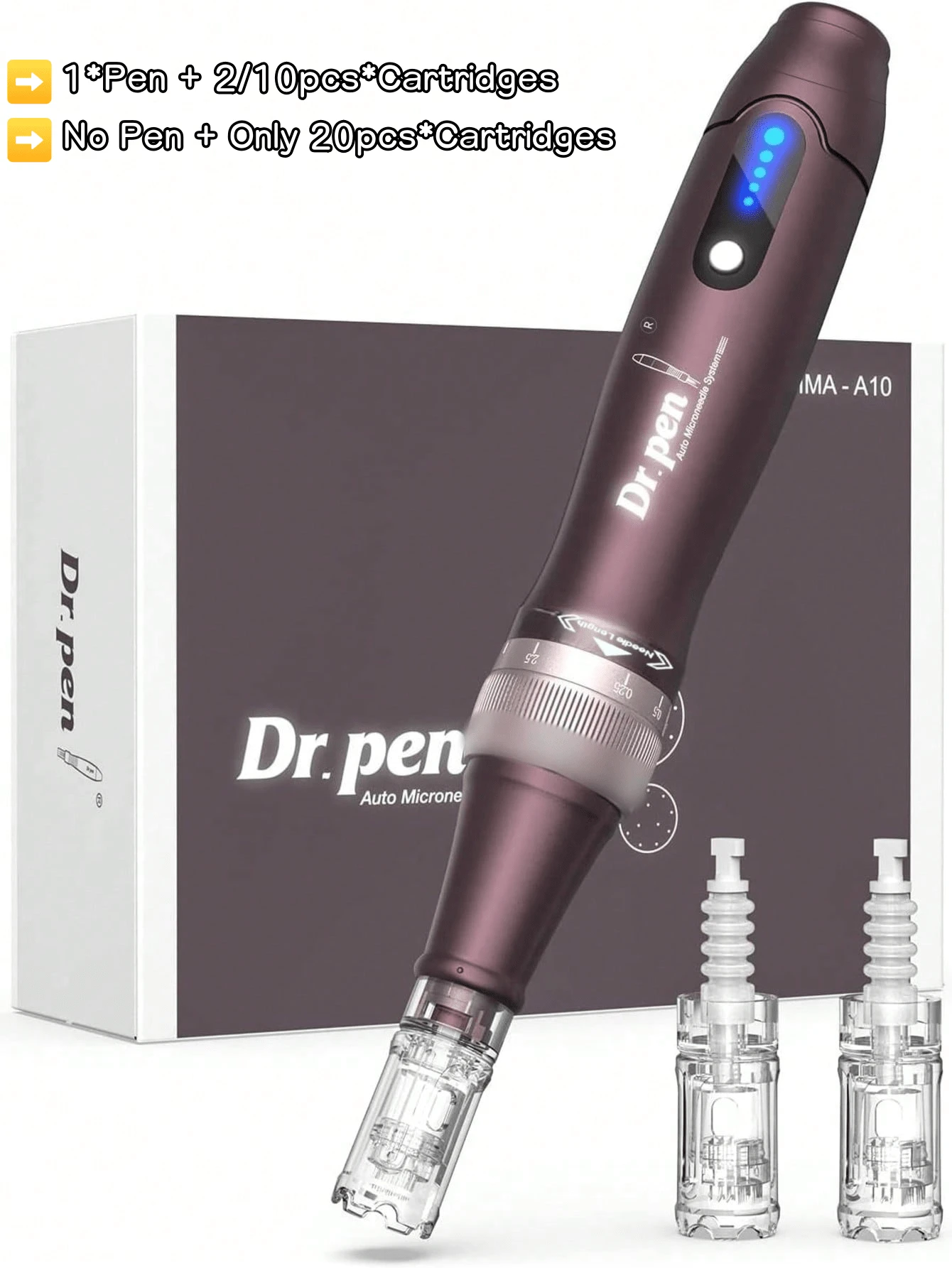 Dr.pen A10 - 0.25mm針長、可更換針頭、A10微針美容筆、女性禮物、母親節禮物、節日禮物、A10面部與身體微針筆、帶數位顯示的無線微針美容筆、包含2/10個更換針頭或1包20個針頭