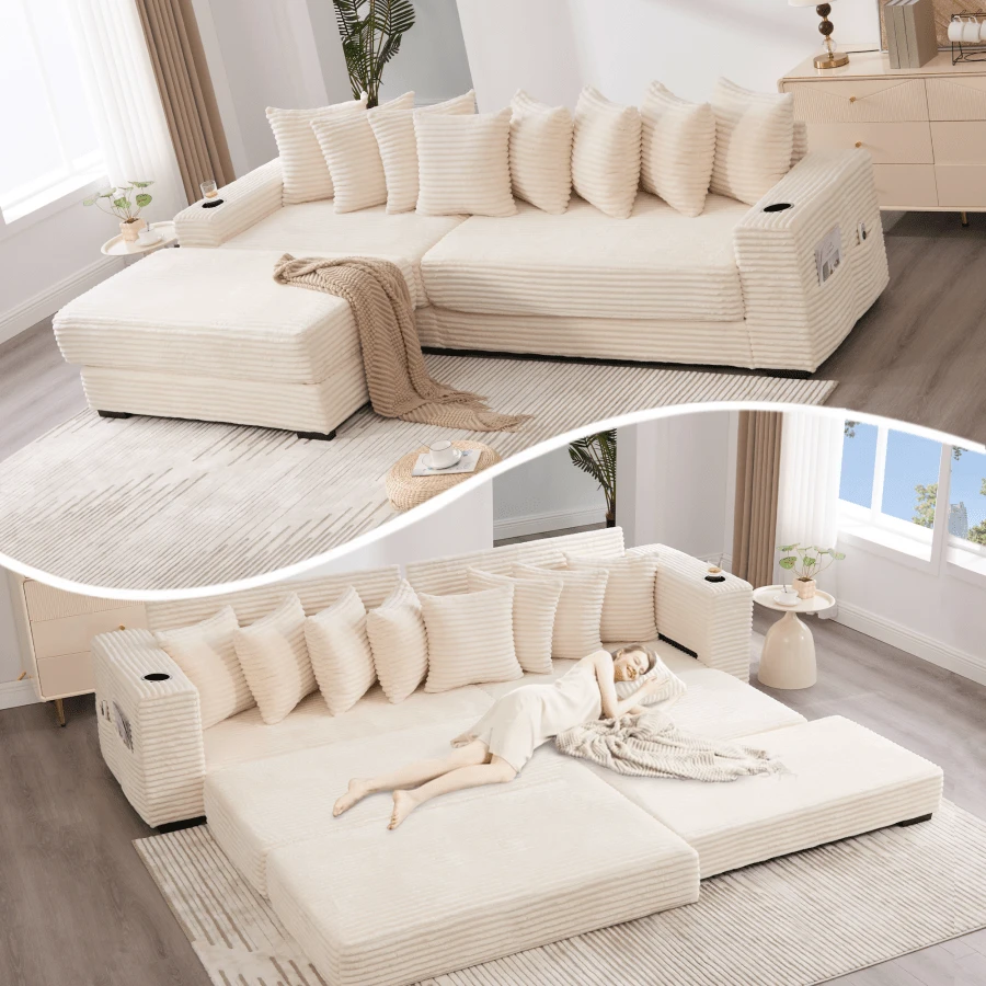 [NEW ARRIVED] [VIDEO PROVIDED] 110.75" Modular L Shaped Sofa Corduroy Fabric Sectional Couch With A Movable Footstool Cup Holders Bring 8 Throw Pillows Side Pocket Unfold Into A Bed Beige - Beige + Upholstered + Wood+Fabric + 4 Seat + Modern1 - View 1