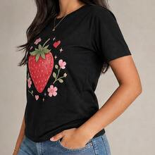 Playera para mujer con fresas, camiseta estampada manga corta, blusa casual cuello redondo, algodón suave para verano, picnic, paseo y diario - Negro - Ver 2