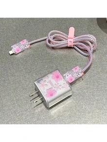 Pink TPU Small Heart Print/Bow/Flower Graphic/Purple Heart Cat Charger Data Cable Protector Sleeve Compatible With Apple 18/20W Charger, Suitable As A Gift For Friends - Pink - View 4