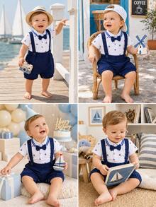 H HIBOBI 2pcs/Set Baby Boy Sailboat Printed Short Sleeve Romper And Dungaree Shorts Set For Spring/Summer - Royal Blue - View 8