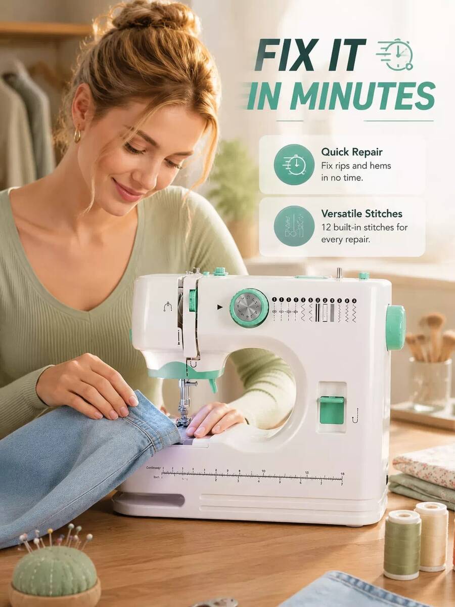SOKANY High-End Household Electric Sewing Machine, Green, Double-Needle Double-Thread, Automatic Winding 12-Stitch Edge Locking, Metal Tip, Adjustable Speed, One-Button Reverse Sewing, With Lighting, Suitable For Family Use, Handmade DIY, Holiday Gifts