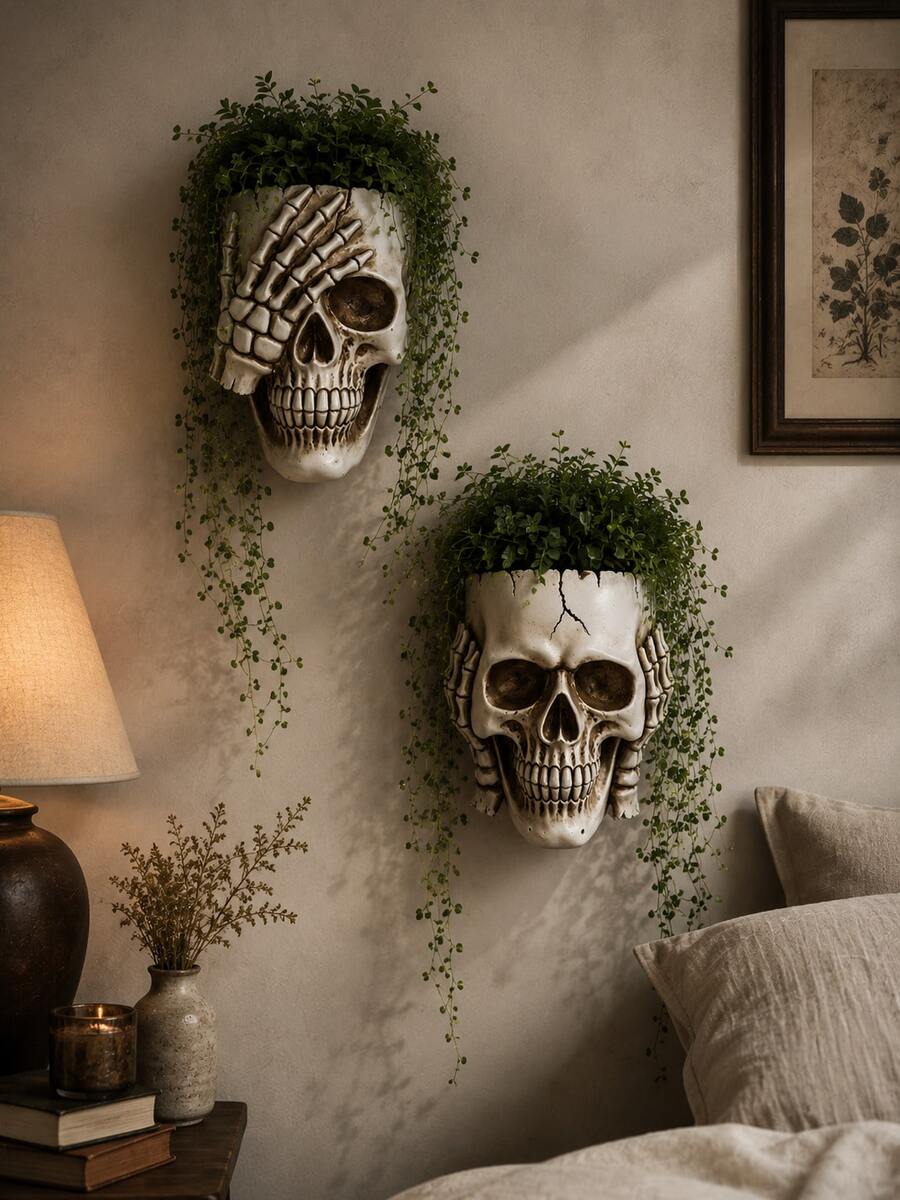 Gothic Skeleton Wall Hanging Planter, Skeleton Hanging Planter, Dark Academia Style Plant Stand, Eerie Wall Hanging Garden Decor, Halloween Gothic Home Decor - A - View 1