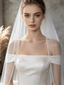 1 Stück glänzender Brautschleier mit Strass-Besatz, kurzes Hüftlanges Hochzeits-Haaraccessoire - Verschiedenfarbig - Übersicht 4