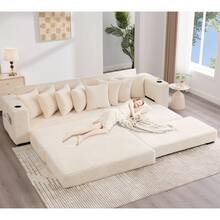 [NEW ARRIVED] [VIDEO PROVIDED] 110.75" Modular L Shaped Sofa Corduroy Fabric Sectional Couch With A Movable Footstool Cup Holders Bring 8 Throw Pillows Side Pocket Unfold Into A Bed Beige - Beige + Upholstered + Wood+Fabric + 4 Seat + Modern1 - View 9