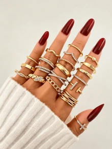 30pcs/Elegant Elegant Women's Couple Rings, Fashionable Minimalist Chain Design Inlaid With Artificial Rhinestones, Daily Party Accessories - Gold - View 10