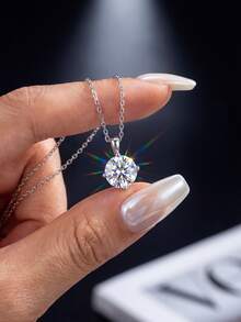 1 pieza Collar de boda de plata de ley 925 con moissanita de 1-3 ct, collar con colgante de cuatro puntas, collar de eternidad, regalo de aniversario, joyería fina nupcial - Plateado - Ver 4