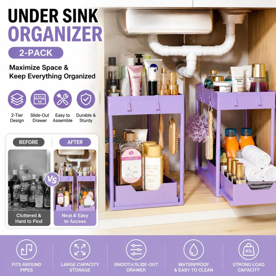 Euuztu Under Sink Organizer 2 Pack, Sink Pull-Out Sliding Storage Cabinet, 2-Tier Under Shelf Organizer Kitchen Bathroom, Purple - Purple - View 1