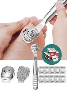 1 Set Foot Razor, Removes Calluses, Heel Hard Skin, Corns, Stainless Steel File, Wood Grain Handle, 10 Blades, Pedicure Tool Set - Multicolor - View 2