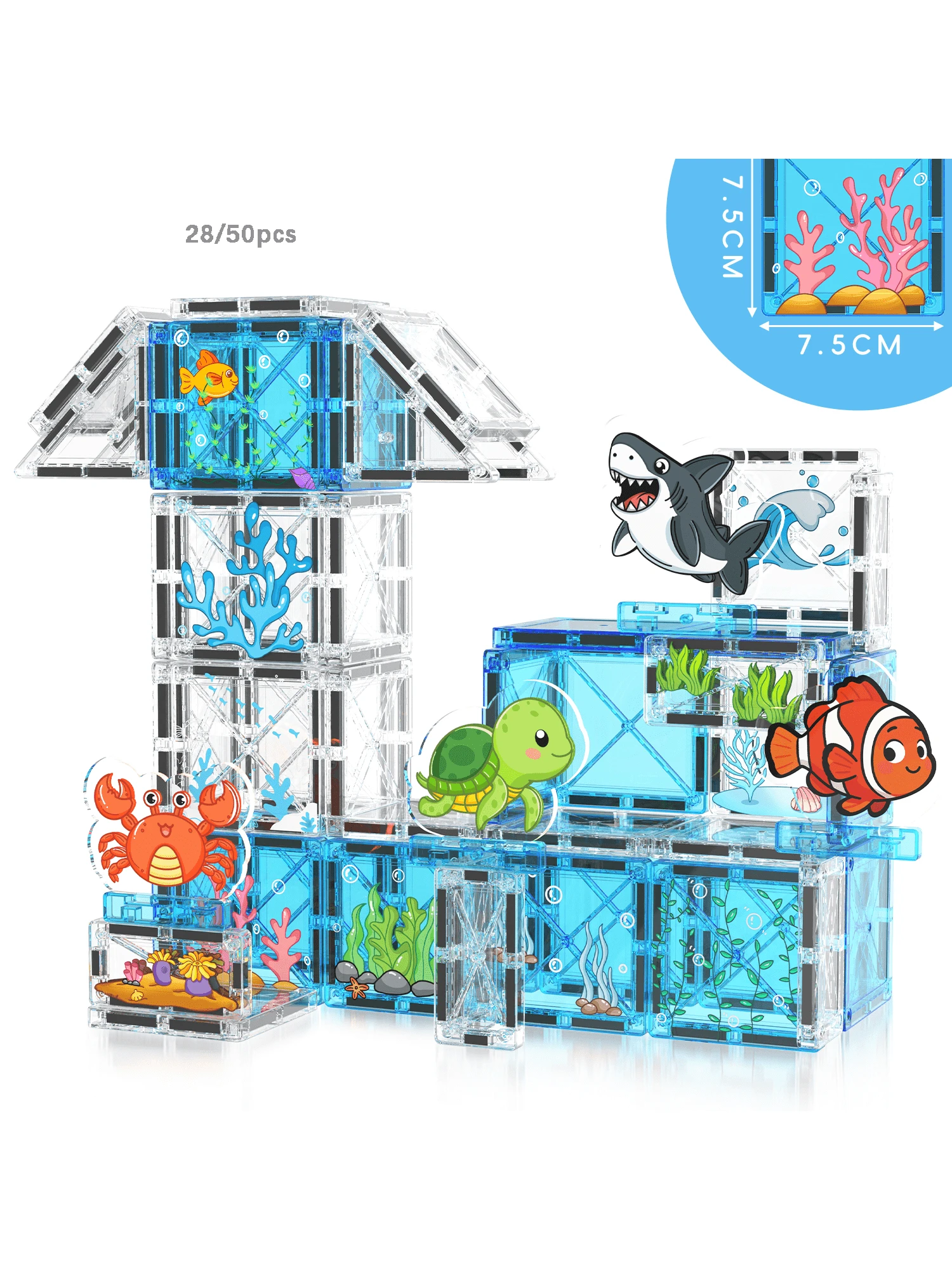 28/50pcs Children's Magnetic Building Blocks Toy, Ocean Animal Scene, Learning Space And Shape Toy, Creative Game Enhances Learning And Imagination, Parent-Child Interaction, Suitable For Boys And Girls Learning Birthday Christmas Halloween Gift