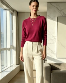 WOMEN'S LONG SLEEVE KNITTING BLOUSE WINTER BASIC ROUND NECK SWEATSHIRT - fucsic - 查看 2
