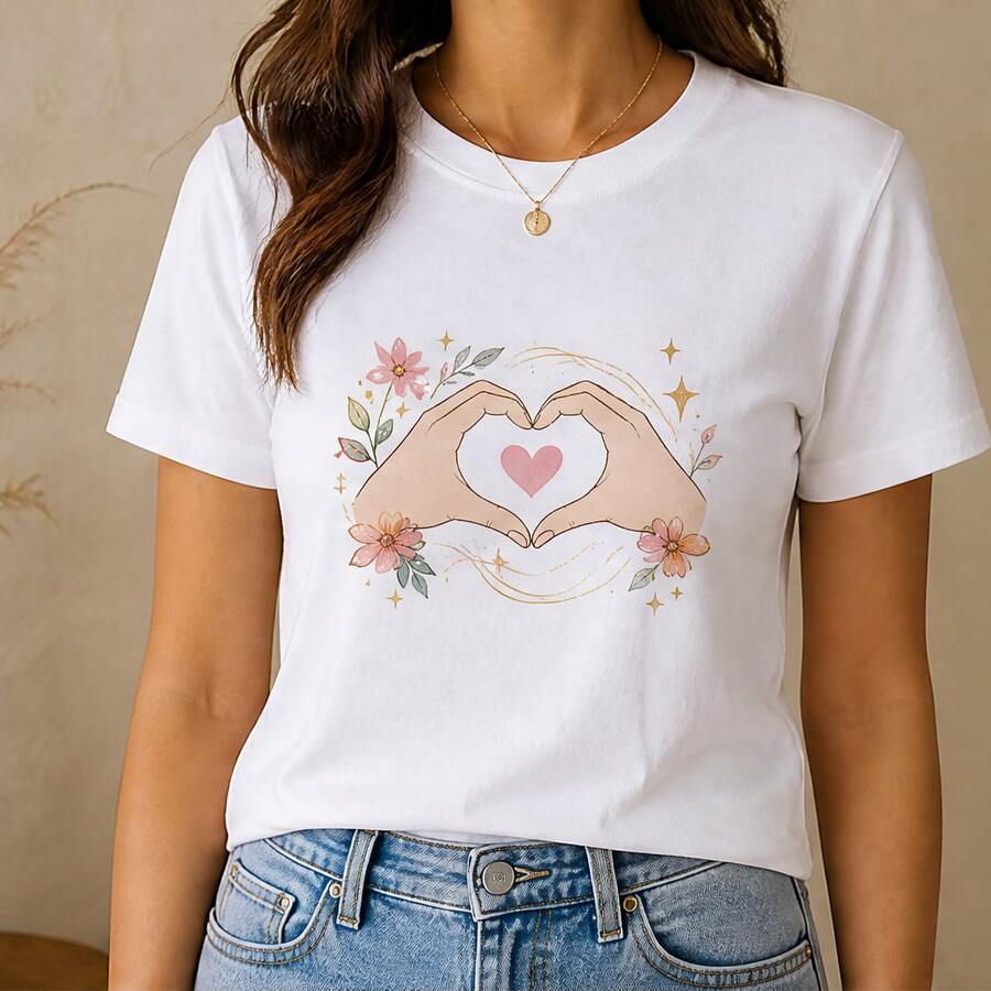 Playera para mujer con manos y corazón floral, camiseta manga corta estampada, casual cómoda, cuello redondo para diario y regalo - Blanco - Ver 1