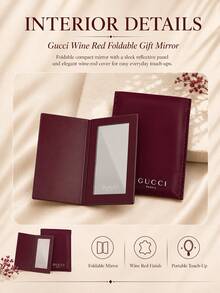 Gucci 古馳紅酒色折疊鏡，亮面酒紅皮質外殼搭配品牌標識，精緻縫線工藝盡顯質感；超薄折疊設計輕盈便攜，鏡面高清清晰，輕鬆滿足日常補妝、整理妝容的需求，復古優雅的設計兼具實用性與高級感，自用或作為伴手禮都很合適。 - 酒紅色 - 查看 7