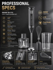 SOKANY 4-In-1 Hand Blender Set, Includes Multi-Function Blending Wand, Whisk, Chopper And Measuring Cup, Suitable For Food Processing And Baby Food Blending - EU C Type Plug(220-240V) - View 5
