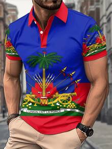 Haiti Flag Emblem Featuring Palm Tree And Weapons Symbolizes National Pride And Freedom For This 3D Printed Mens Casual Short Sleeve Polo Shirt - 白色 - 查看 4