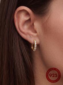 1 Pair Quality S925 Sterling Silver Sparkling Zirconia Double Hoop Earrings, Exquisite Elegant Classic Romantic Ear Hoops For Pierced Ears, Hypoallergenic Earrings Suitable For Women's Daily Wear, Collection, Casual, Travel, Party, Comes With Exquisite Gift Box Packaging, Ideal For Birthday, Holiday, Anniversary, Christmas, Mother's Day, Thanksgiving Gifts - Gold - View 2
