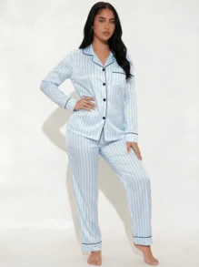 Snug League 2pcs/Set Women Blue Striped Long Sleeve Pajama Set - Blue - View 8