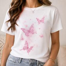 Playera mujer estampado mariposas rosas, camiseta femenina manga corta, blusa casual cuello redondo, juvenil cómoda para salida, escuela y verano - Blanco - Ver 1