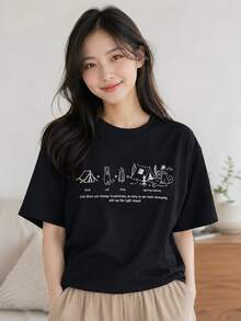 Women's Round Neck Short Sleeve T-Shirt, Cute Loose Casual Cartoon Swimming Cat Print Short Sleeve Top For Spring And Summer (1 Piece) - Black - View 1
