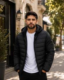 MEN'S BASIC CASUAL HPC POLO PUFFER JACKET WITH COMFORTABLE PLUSH HAT - Black - View 2