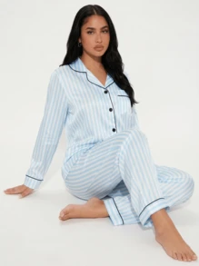 Snug League 2pcs/Set Women Blue Striped Long Sleeve Pajama Set - Blue - View 3