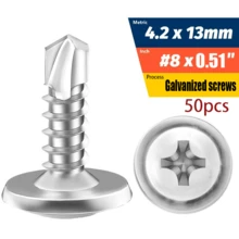 50入 M4.2 鍍鋅碳鋼大扁頭自攻螺絲，13/16/19/25/32/38/50mm 全螺紋鑽尾螺絲，適用於 DIY、金屬板、木材、乾壁、家具與電器維修、居家修繕節日禮物 - A - 查看 13