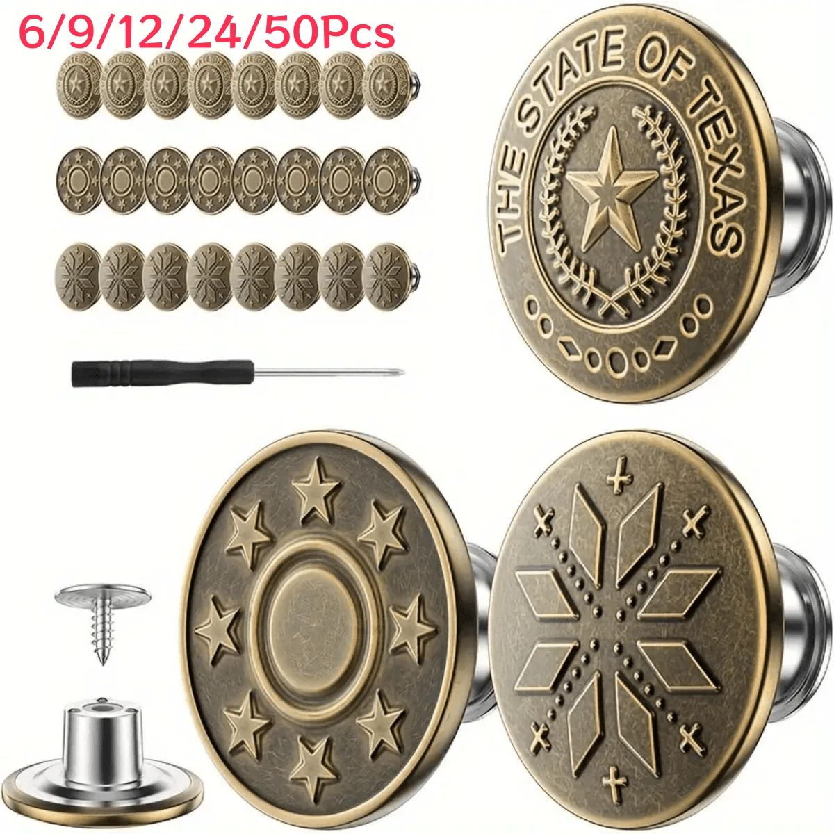 6/9/12/24/50Pcs Jeans Buttons Seamless Detachable Rivets, With Screwdriver, Easy Installation Repair Kit, Suitable For Jeans Clothing And DIY Projects Mixed Style Combination