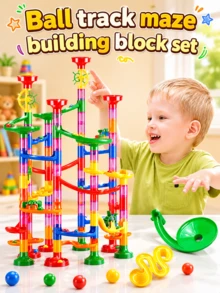 Juego de 74 piezas de bloques de construcción de laberinto para niños - Incluye sistema de pista de carreras de bolas, juego de laberinto y componentes de construcción de pistas complejas. Juguete educativo STEM interactivo para padres e hijos en interiores - Regalo de cumpleaños ideal para niños y niñas de 3+ años (Colores y estilos de accesorios aleatorios) - Multicolor - Ver 2