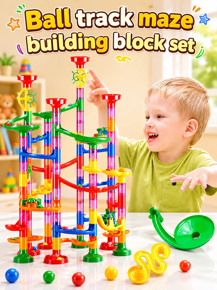 Juego de 74 piezas de bloques de construcción de laberinto para niños - Incluye sistema de pista de carreras de bolas, juego de laberinto y componentes de construcción de pistas complejas. Juguete educativo STEM interactivo para padres e hijos en interiores - Regalo de cumpleaños ideal para niños y niñas de 3+ años (Colores y estilos de accesorios aleatorios)