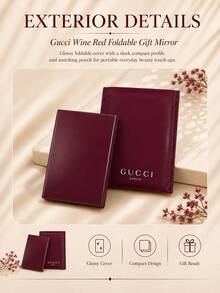 Gucci 古馳紅酒色折疊鏡，亮面酒紅皮質外殼搭配品牌標識，精緻縫線工藝盡顯質感；超薄折疊設計輕盈便攜，鏡面高清清晰，輕鬆滿足日常補妝、整理妝容的需求，復古優雅的設計兼具實用性與高級感，自用或作為伴手禮都很合適。 - 酒紅色 - 查看 8