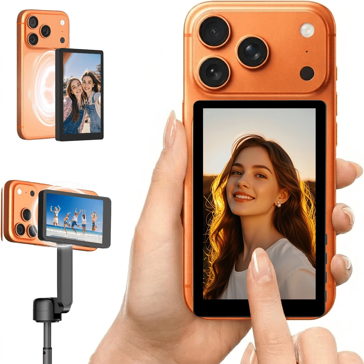 Magnetic Vlog Selfie Monitor Screen Compatible With Iphone 7-17, 1080P Wireless Screen Mirroring, 33ft Range With Remote Control, 180° Rotatable, Rechargeable Dual Power Battery/USB, Phone Accessory For Vlog Live Streaming, Content Creator Travel Gift, Black/White Optional, Selfie, Photography, Tripod - Built-in Speakers - View 1