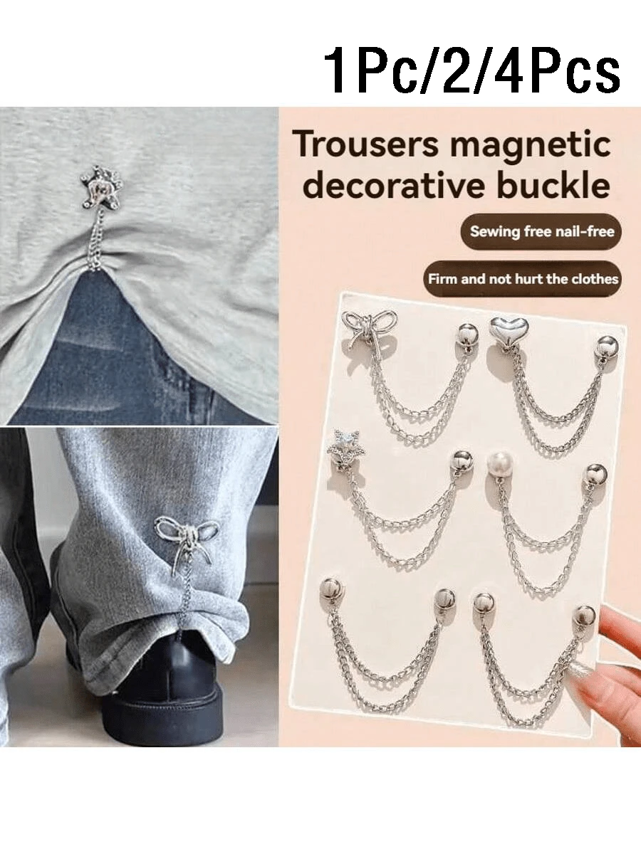 1Pc/2/4Pcs Chain Magnetic Hem Clips, No-Sew Adjustable Pant Leg Cuff Fixer, Star/Bow/Heart/Bear/Pearl Style, No-Sew Hem Shortener, Versatile Pant Leg Chain Decoration Clip, Instantly Shorten Sleeve Length, Suitable For Sleeves, Hem, Pant Legs, Prevent Pant Leg Dragging, Secure And Convenient Pant Leg Fixation, Multiple Colors, Dress Accessory, Shirt Adjuster, Fashion Accessory, Cute Fastener, Clothing Clip, Garment Adjuster