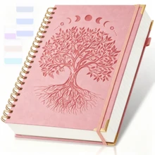 300-Page A5 Spiral Notebook With Embossed Tree Of Life Leather Cover, Lined Paper, 24 Index Tabs, Unisex For School, Work And Home Use, Back To School Essential, Graduation Gift School Supplies - Multicolor - View 1