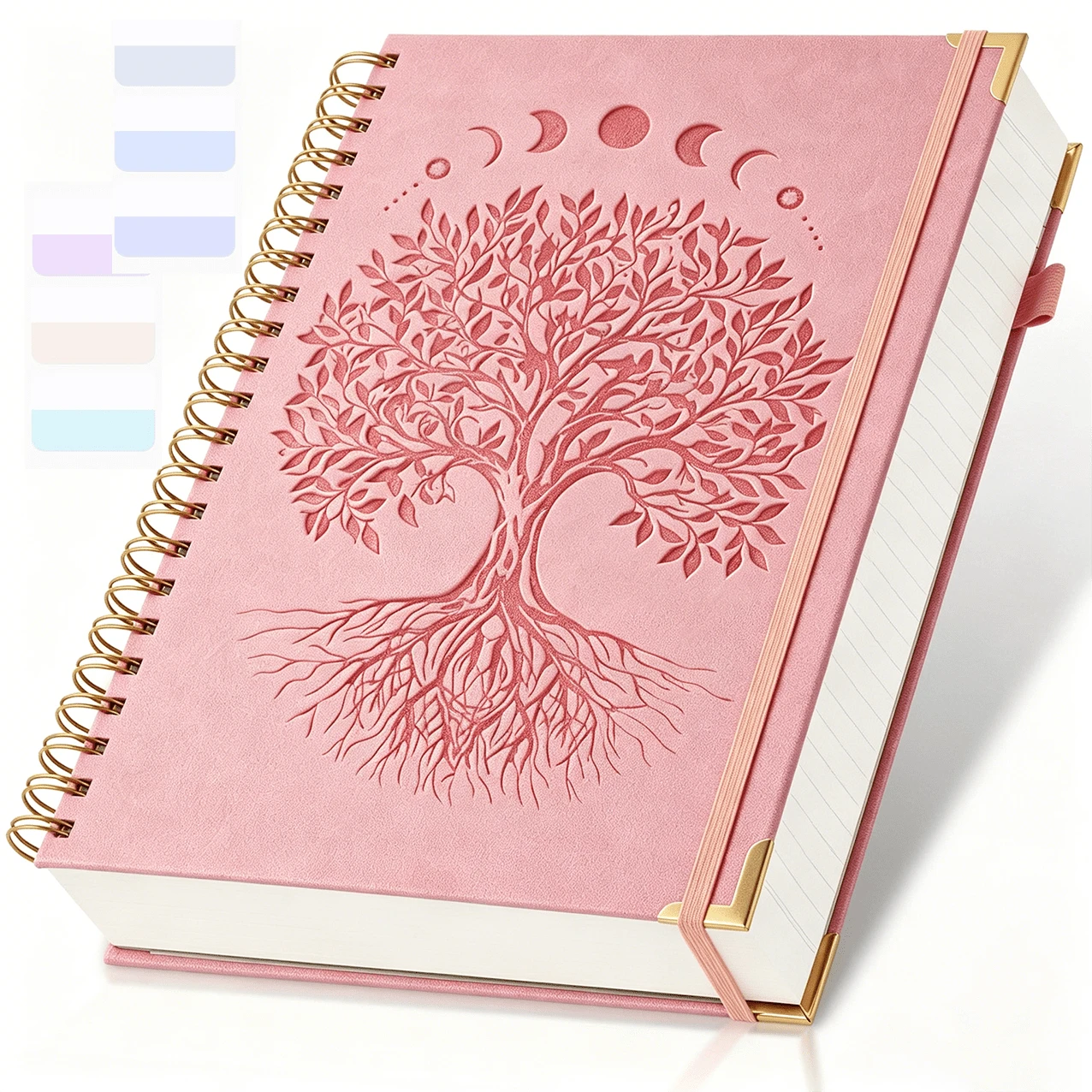 300-Page A5 Spiral Notebook With Embossed Tree Of Life Leather Cover, Lined Paper, 24 Index Tabs, Unisex For School, Work And Home Use, Back To School Essential, Graduation Gift School Supplies - Multicolor - View 1