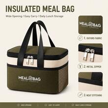 Green Rectangular Insulated Lunch Bag, Large Capacity Thermal Bento Tote With Thickened Foil Lining, Side Mesh Pocket, Double Zipper Wide Opening, Water-Resistant Stain-Resistant 3-Layer Cooler Bag For Office School Picnic Beach Vacation Travel - Multicolor - View 2