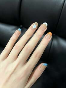 10PCS Handmade Press On Nails, Short Square Nude French Fake Nails With Multicolor Tips, Star & Polka Dot Design, Glossy Reusable False Nails For Women - Multicolor - View 2