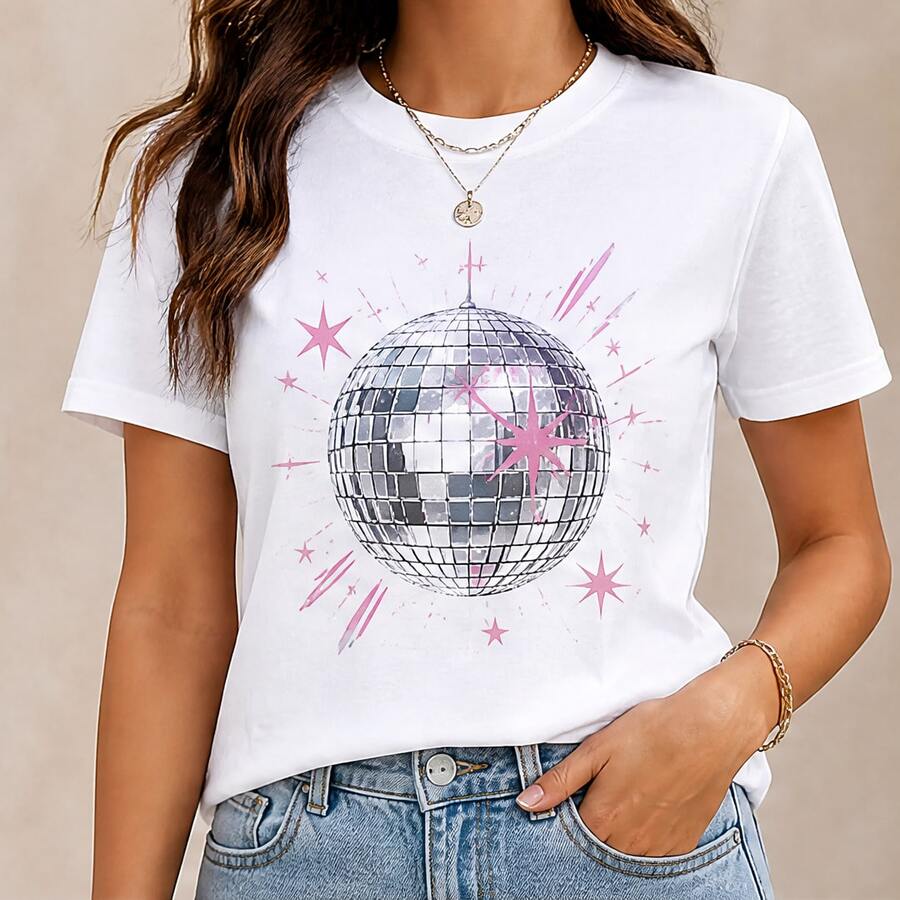 Camiseta para mujer con bola disco y estrellas, playera manga corta estampada, casual para fiesta, concierto, salida y outfit juvenil - Blanco - Ver 1