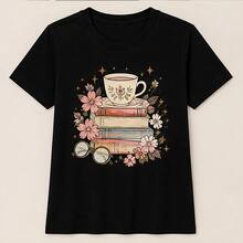 Playera mujer libros y flores, camiseta estampada de manga corta, blusa casual de algodón, cuello redondo para lectoras, escuela y uso diario - Negro - Ver 4