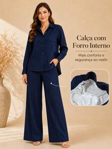 Women's Viscose Linen Set: Long-Sleeved Shirt With Buttons + Lined Wide-Leg Pants. Lightweight And Breathable Fabric. Elegant Casual Look For Work, Outings, And Everyday Wear. - 藏蓝色 - 查看 1