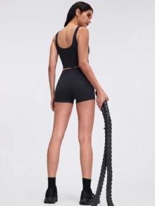 Shorts ajustados de cintura alta para mujer, costuras simples - Negro - Ver 5