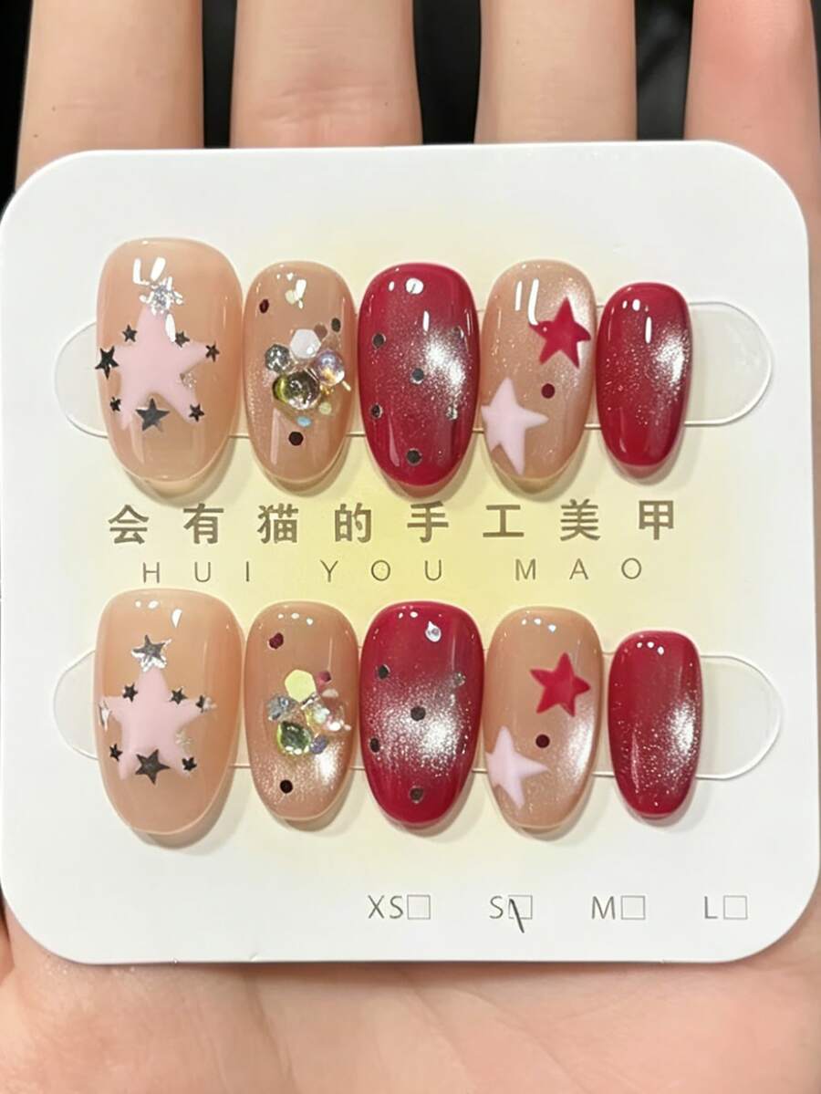 10PCS Handmade Press On Nails, Short Oval Almond Fake Nails, Nude & Red Gradient Cat Eye Nails With Star & Rhinestone Charms, Sparkly Full Cover Reusable False Nails For Women - Multicolor - View 1