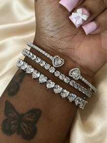 18K Gold-Plated Stainless Steel Diamond Heart Bracelet Set, 14K Gold Cubic Zirconia Open Bangle Bracelet, Fashionable Daily Wear, Holiday Gift For Women - Silver - View 9