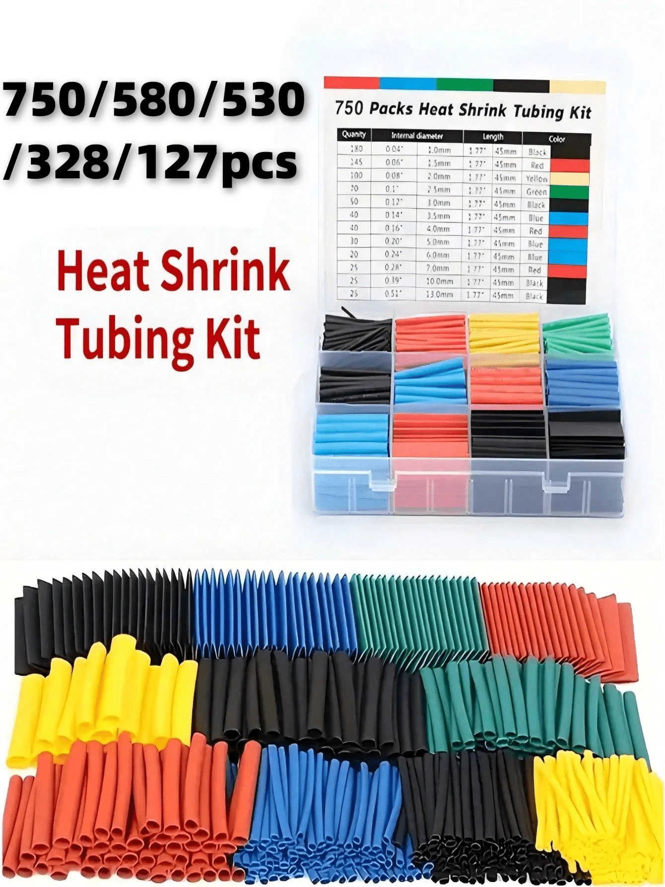 750/580/530/328/127pcs 2:1 Ratio Heat Shrink Tubing Kit - Multi-Color Assortment, Suitable For Industrial, Wire Harness, Wire Management, Electrical & Household Wire Insulation - Multicolor - View 1
