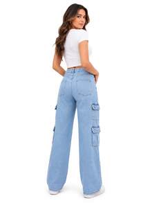 Women's Wide Leg Cargo Jeans With 4 Pockets, High Waist, Casual Fashion, New Arrivals - 淺色水洗藍 - 查看 2