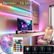 1入夢幻色RGB LED燈條，多色同步顯示，15種動態模式，24鍵紅外線遙控器，5V USB供電，自黏式燈條，適用於客廳照明、派對與展示架裝飾 - 24-Key 5050 Dream Color - 查看 1