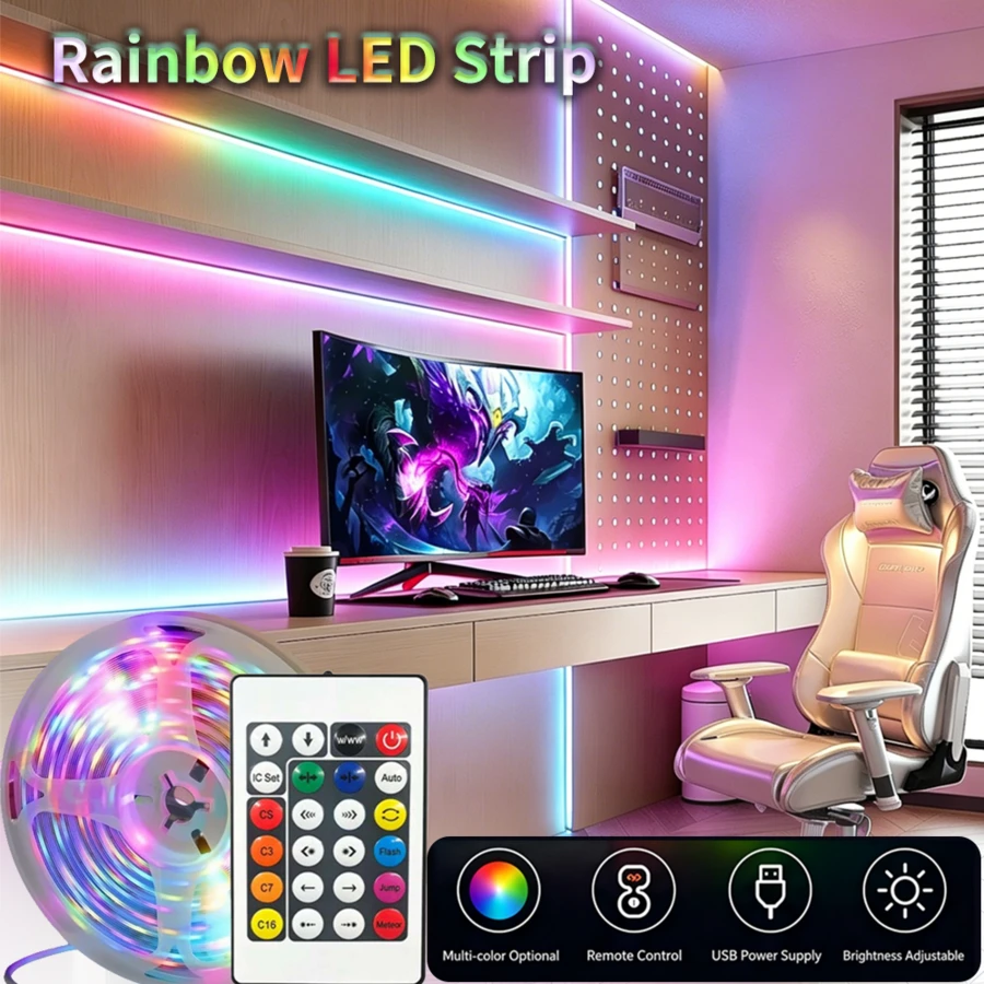 1入夢幻色RGB LED燈條，多色同步顯示，15種動態模式，24鍵紅外線遙控器，5V USB供電，自黏式燈條，適用於客廳照明、派對與展示架裝飾 - 24-Key 5050 Dream Color - 查看 1