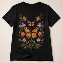 Playera mujer con mariposas y flores, camiseta estampada de algodón, manga corta, blusa casual cuello redondo para primavera, verano y uso diario - Negro - Ver 4