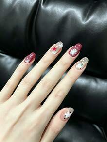 10PCS Handmade Press On Nails, Short Oval Almond Fake Nails, Nude & Red Gradient Cat Eye Nails With Star & Rhinestone Charms, Sparkly Full Cover Reusable False Nails For Women - Multicolor - View 2